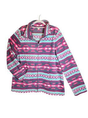 Sonoma Womens L Purple Full-Zip Fleece Jacket With Aztec Print colorful boho